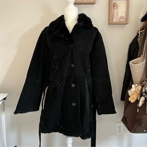 Vintage Caren Sport Genuine Suede Leather Jacket in Black Belted Trench Coat